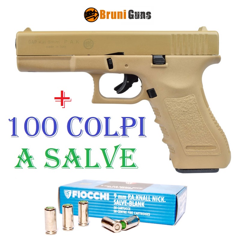 Scacciacani bruni gap desert - pistola a salve top firing in calibro 9 mm con valigetta - arma da segnalazione acustica e da collezione con 100 colpi a salve - replica della glock 17 color coyote marca bruni guns.
